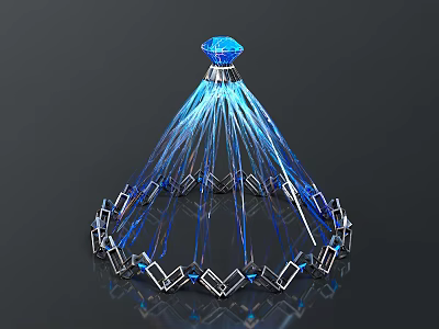 Blue Diamond Top Crown With Radiant Blue Light Beams And Geometric Metal Ring Base 3d model