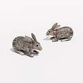 Two Realistic Gray Spotted Rabbits Crouching On White Background 3d model