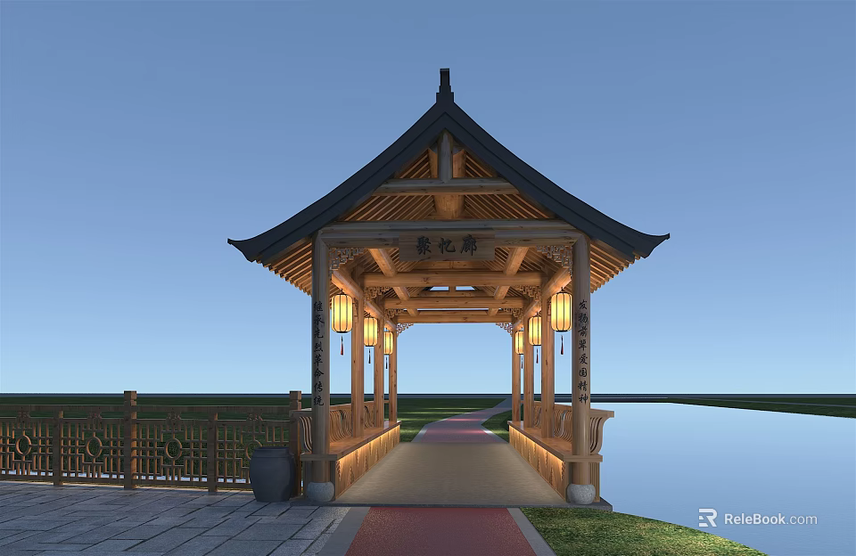 Traditional Chinese Landscape Bridge Featuring Pavilion Roof Hanging Lanterns Water And Grass 3d model 