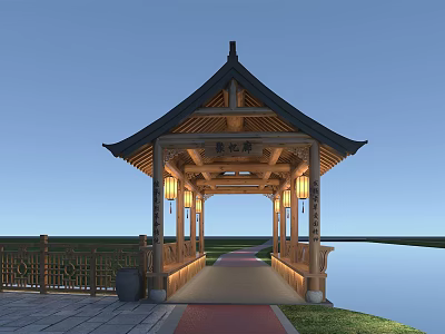 Traditional Chinese Landscape Bridge Featuring Pavilion Roof Hanging Lanterns Water And Grass 3d model