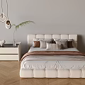Modern Double Bed Interior With Upholstered Headboard Pillows Blanket Nightstand Green Plant And Pendant Lights