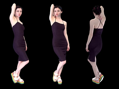 Woman Posing in Striped Dress with Colorful Sandals from Three Angles on Black Background 3d model