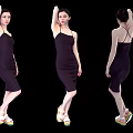 Woman Posing in Striped Dress with Colorful Sandals from Three Angles on Black Background