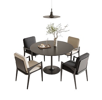 Modern Dining Table and Chair Combination Round Dining Table Single Chair Four-person Dining Table and Chair Minimalist Dining Table and Chair Restaurant Chandelier 3d model