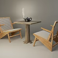 Wooden Tea Table And Chairs With Woven Backrests And Steaming Teapot