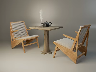 Wooden Tea Table And Chairs With Woven Backrests And Steaming Teapot 3d model