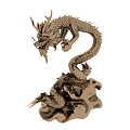 Flying Dragon Sculpture Featuring Metallic Scales Curved Body Claws Tail And Rock Base
