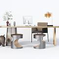 Modern Home Office Desk With Marble Top Laptop Lamp Plant And Stools