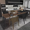Modern Wooden Dining Table Set With Chairs In Open Kitchen Interior 3d model