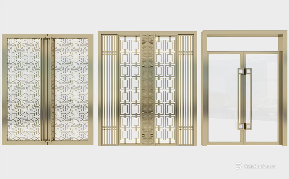 Modern Double Doors With Brass Frames Geometric Lattice And Glass Panels 3d model 