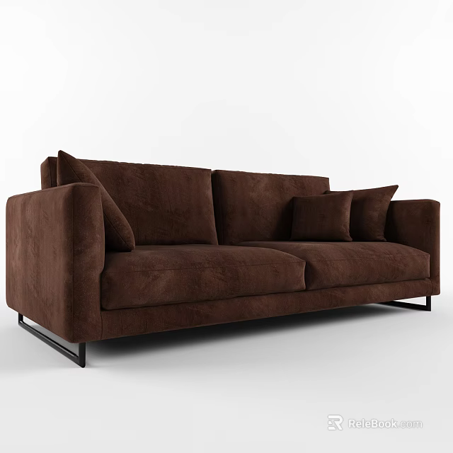 Modern Brown Fabric Double Sofa With Cushions And Black Metal Legs 3d model