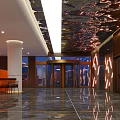 Modern Luxury Lobby Front Desk Reception with Orange Columns Mirrored Ceiling and Marble Floor Lighting