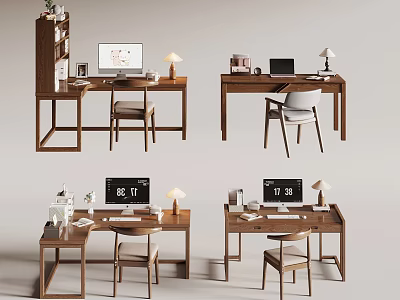 Modern Wooden Home Office Desks With Laptop Lamp Calendar And Chair 3d model