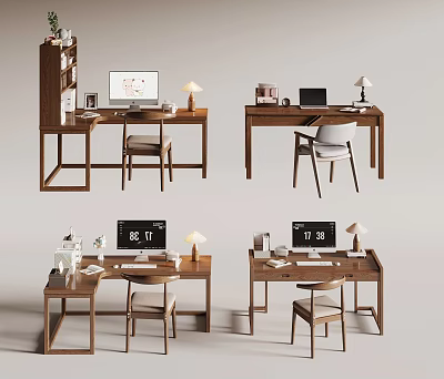 Modern Wooden Home Office Desks With Laptop Lamp Calendar And Chair 3d model