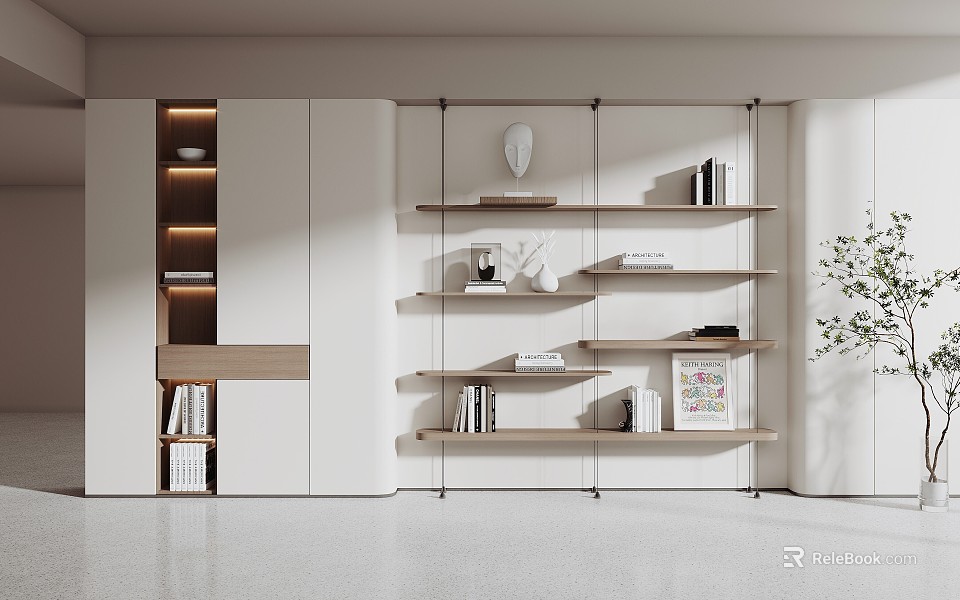 Modern White Bookshelf With Multiple Open Shelves Holding Books And Decorative Items 3d model 