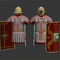 Ancient Roman Soldier Armor With Red Shields And Historical Military Gear