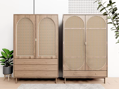 Modern Minimalist Wooden Wardrobe Design With Rattan Panel Doors And Drawers 3d model