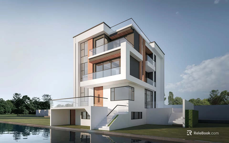 Modern Detached Villa With Large Glass Windows Balconies And Front Pool 3d model