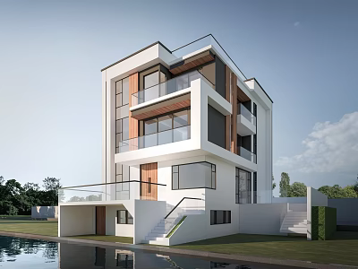 Modern Detached Villa With Large Glass Windows Balconies And Front Pool 3d model
