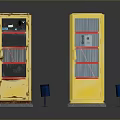 Vintage Yellow Phone Booths With Red Borders And Blue Buckets On Dark Surface