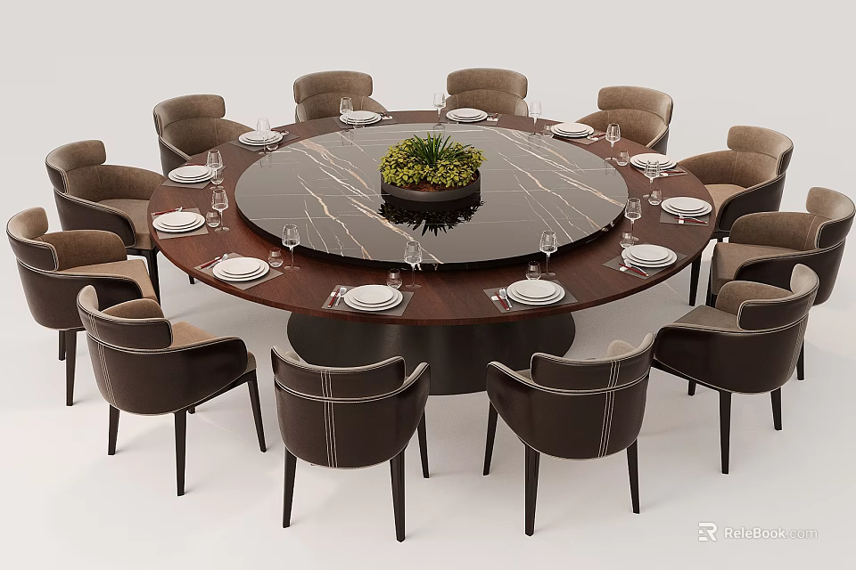 Elegant Round Dining Table and Upholstered Chairs Set With Tableware and Centerpiece Plant 3d model