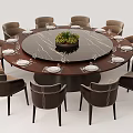 Elegant Round Dining Table and Upholstered Chairs Set With Tableware and Centerpiece Plant 3d model