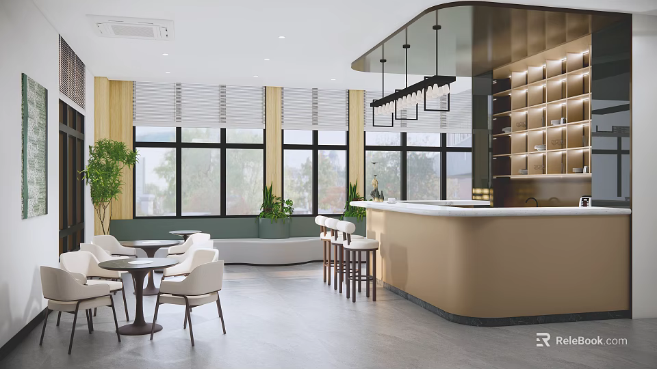 Modern Lounge Area with Large Windows Green Plants Tables Chairs Bar Counter and Pendant Lights 3d model 