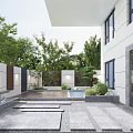 Modern Garden Landscape Design With Glass Roof Pergola Wooden Fence Outdoor Seating And Green Plants
