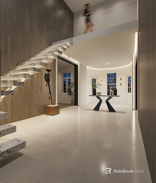 Modern Elevator Hallway With Stairs Wooden Accents And Chic Decor 3d model 