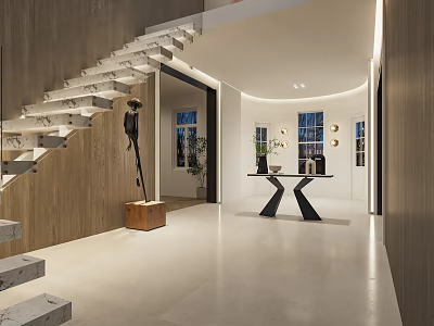 Modern Elevator Hallway With Stairs Wooden Accents And Chic Decor 3d model