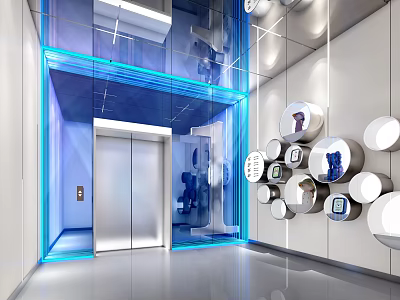 Modern Elevator Corridor With Blue Lighting And Circular Wall Decorations 3d model