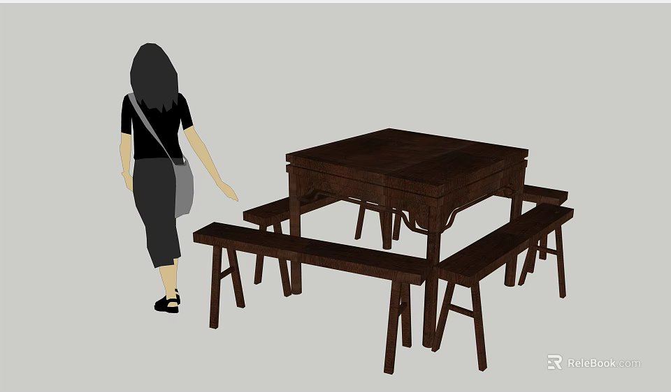 Dark Rustic Wooden Square Dining Table Set With Matching Benches 3d model