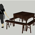 Dark Rustic Wooden Square Dining Table Set With Matching Benches 3d model