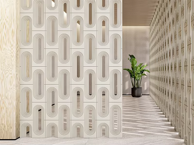 Modern Room Divider With Geometric Cutout Design In Light Color Corridor Interior 3d model