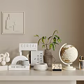 Decorative Ornament Combination With Globe Green Plant Geometric Decor And Books On White Shelf