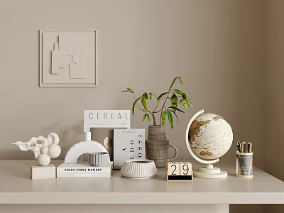 Decorative Ornament Combination With Globe Green Plant Geometric Decor And Books On White Shelf 3d model