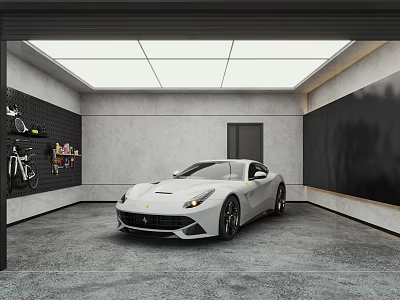Modern Garage Interior With White Sports Car Gray Walls Hanging Bicycle And Ceiling Lights 3d model
