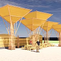 Multiple Yellow Wooden Pergola Structures With Triangular Canopies And Outdoor Seating 3d model