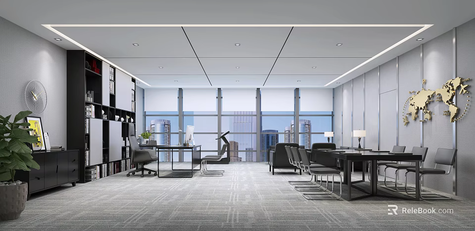 Modern Office Interior with Large Windows City View Bookshelves Desks And Chairs 3d model 