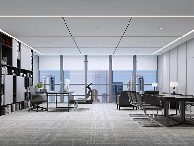 Modern Office Interior with Large Windows City View Bookshelves Desks And Chairs 3d model