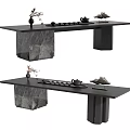Modern Tea Table and Chairs Design With Stone Base And Tea Sets Decorations