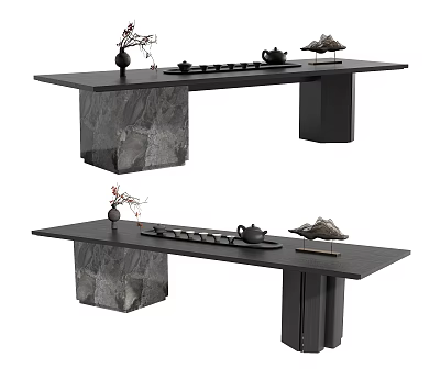 Modern Tea Table and Chairs Design With Stone Base And Tea Sets Decorations 3d model
