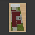 Modern Detached Villa With Red Roof Gray Walls Orange Door Green Lawn And Wooden Platform