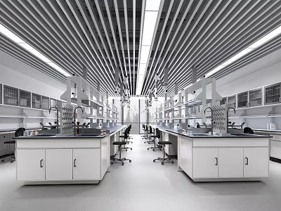 Modern Open Laboratory Interior With Lab Benches Cabinets And Suspended Lighting 3d model