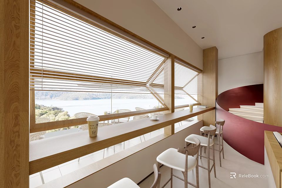 Modern Café Interior With Sea View Large Windows And Bar Stools 3d model