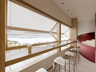 Modern Café Interior With Sea View Large Windows And Bar Stools 3d model
