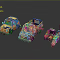 Colorful Miniature Toy Cars Including Yellow Sedan Blue Truck And Green Tricycle