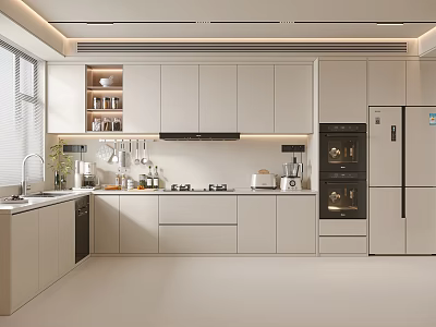 Modern Kitchen Interior With White Cabinets Integrated Appliances And Island Counter 3d model