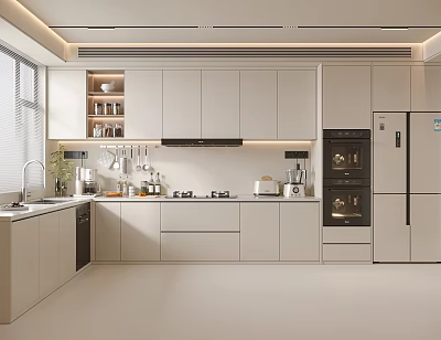 Modern Kitchen Interior With White Cabinets Integrated Appliances And Island Counter 3d model