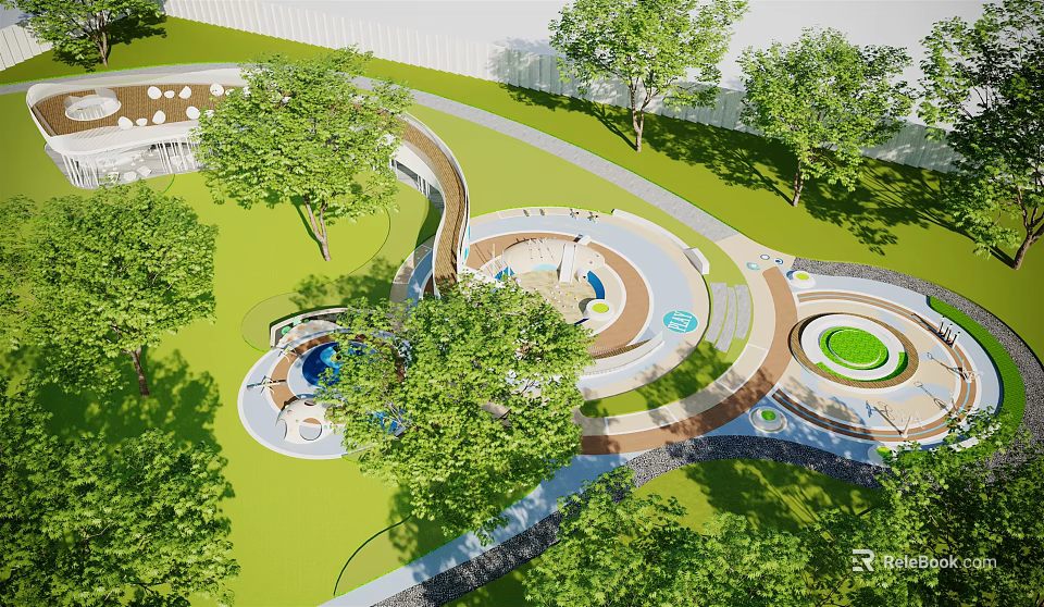 Fun Outdoor Playground With Green Lawn And Trees Winding Paths Circular Play Areas And Slides 3d model 